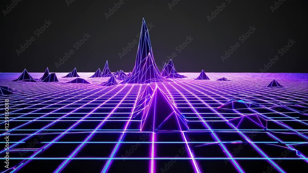 Aufkleber glowing neon grid and polygonal mountains creating a retro futuristic synthwave landscape, perfect f