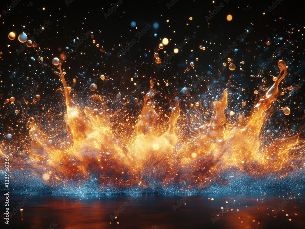 Poster vibrant abstract splash of flame and water droplets with glowing particles in dark background for cr