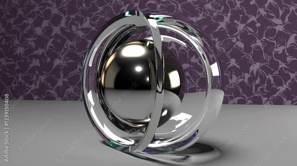 Aufkleber chrome sphere rotating inside two glass spheres on a floral background, creating an abstract and mod