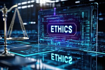 Digital representation of ethics with a scale symbolizing justice in a tech-inspired environment.