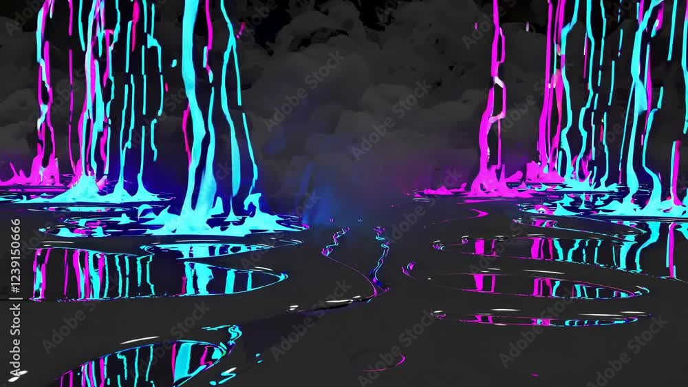 Poster colorful neon fluids are dripping onto a reflective surface, creating a vibrant and dynamic scene wi