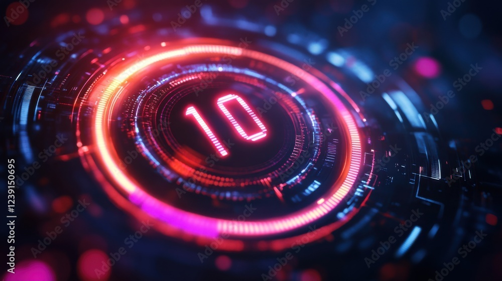 Poster futuristic digital countdown with glowing neon circuitry and number 10 centered