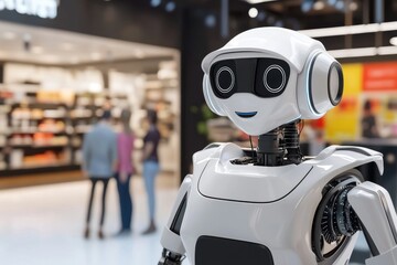 Fototapeta premium A friendly robot stands in a modern shopping environment, showcasing the intersection of technology and retail.