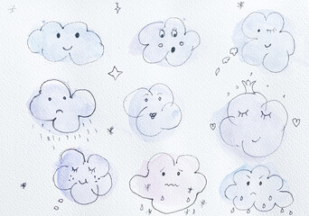 Real Aquarelle Paint Happy and Sad Cloud on Textured Paper