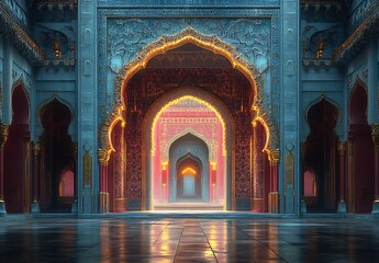 Illuminated Archways in a Grand Ornate Hall with Intricate Designs and Reflective Floors


