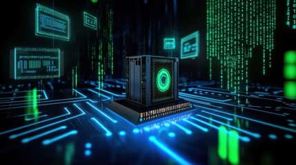 Futuristic data center with glowing circuits and digital elements in a dark, high-tech environment.