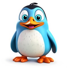 Happy cartoon penguin, digital rendering, white background, mascot design