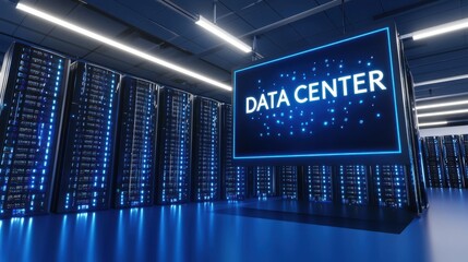 High-tech data center with illuminated servers and a digital display showcasing "DATA CENTER.