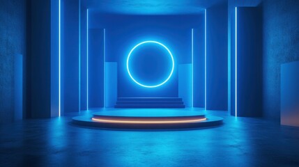 Futuristic neon room with glowing blue circle and illumination effects