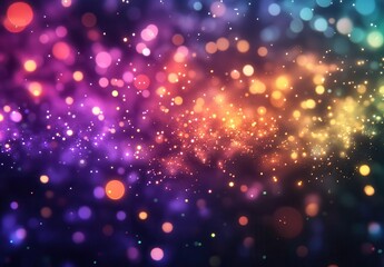 Fototapeta premium Vibrant Bokeh Background in Multicolored Shades of Purple, Blue, and Orange with Sparkling Lights for Abstract Design Use