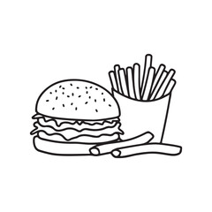 Fast food icon, minimalist design, black and white graphic, hamburger silhouette, french fries container