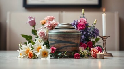 Urn surrounded by colorful flowers and candle