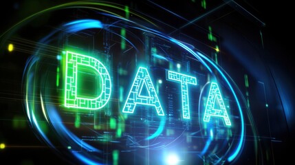 Illuminated text "DATA" in vibrant colors, surrounded by digital elements and glowing effects.