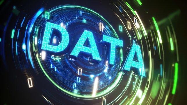 Digital representation of data with blue and green neon effects in a circular design.