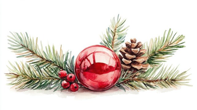 Festive christmas arrangement with red bauble, pinecone, and greenery watercolor art