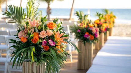 Beautiful floral arrangements decorate a beach wedding venue with ocean views and palm trees