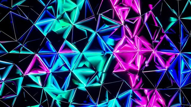 Low-poly triangular shapes in vibrant neon colors form a dynamic and futuristic background, ideal for technology, music, or entertainment-related projects