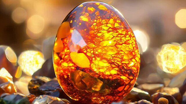 Close up of a vibrant orange fire opal gemstone, showcasing its warm, translucent glow and intricate internal patterns. The stone rests on a bed of smaller