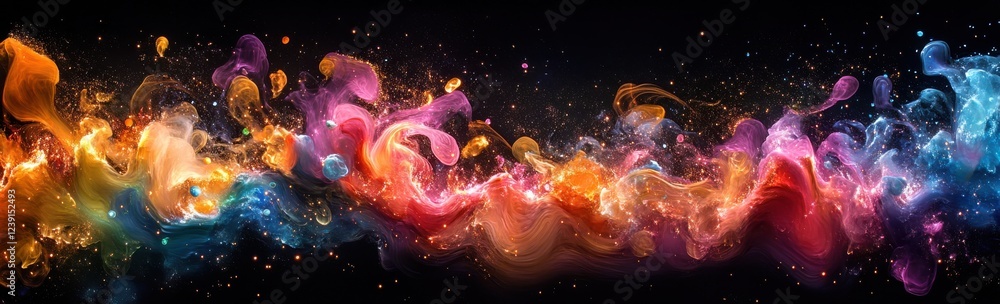 Poster Vibrant Colorful Fluid Abstract Art Composition with Swirling Patterns and Sparkling Effects on Dark Background for Creative Projects and Designs
