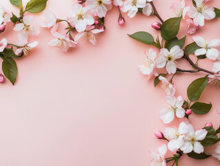 Obraz premium Blooming apple tree branches creating frame on pink background