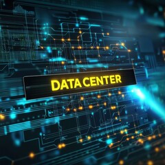 Digital representation of a data center with glowing circuits and a prominent "DATA CENTER" sign.