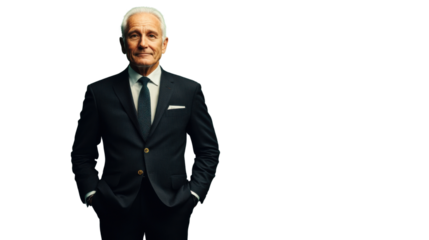 Confident senior businessman posing with hands in pockets on transparent background