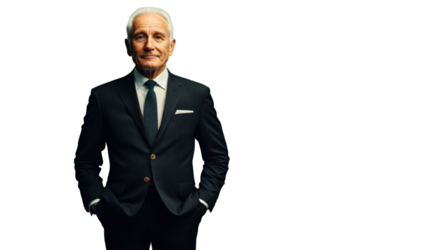 Confident senior businessman posing with hands in pockets on transparent background