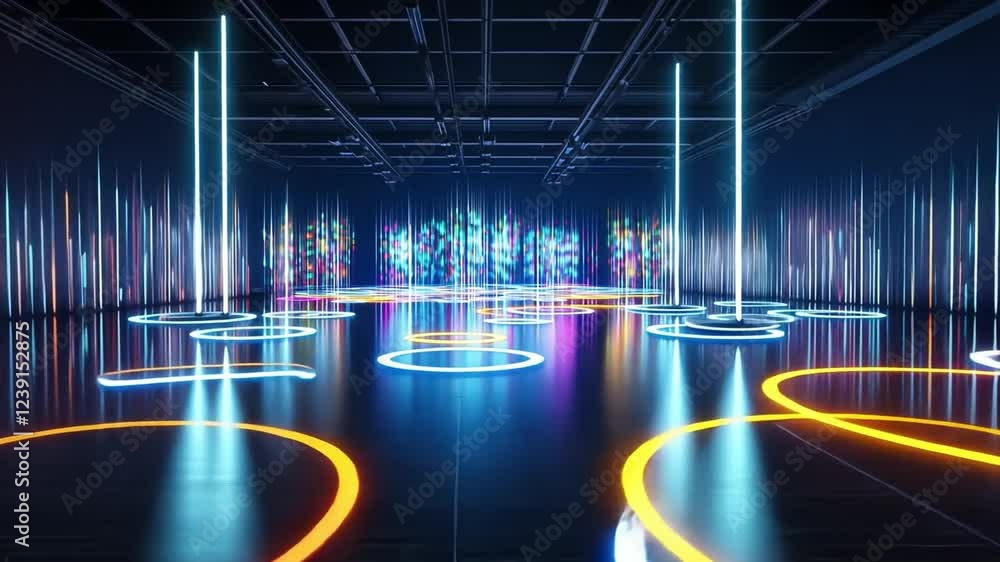 Poster vibrant illuminated circles create an immersive environment in a futuristic space