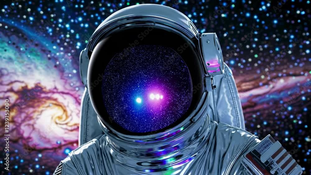 Poster astronaut wearing a spacesuit is floating in space, exploring the universe and observing a colorful 