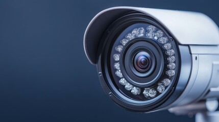 A close-up view of a modern security camera, showcasing its lens and LED lights against a dark background.