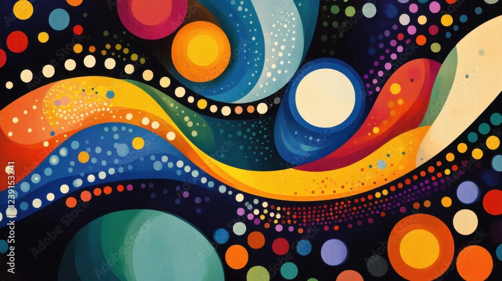 Poster abstract cosmic-inspired painting with colorful circular patterns and flowing shapes