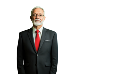 Senior businessman wearing suit and red tie on transparent background