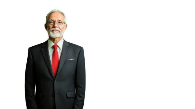 Senior businessman wearing suit and red tie on transparent background - Powered by Adobe