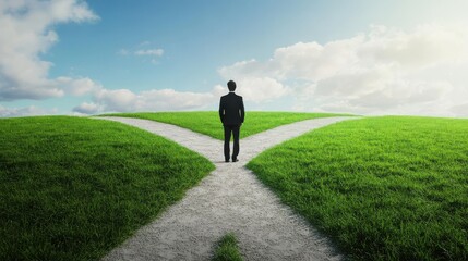 Man Standing at Crossroads Facing Two Paths in Bright Landscape