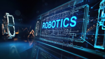 Digital representation of robotics technology with glowing text and abstract design elements.