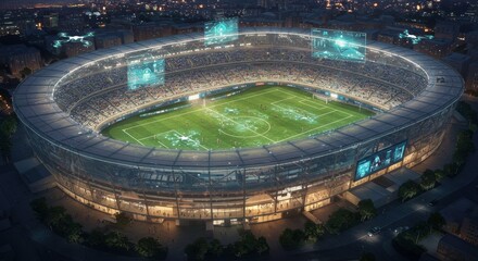 Stadium at Dusk: A modern, illuminated stadium, ready for an exciting event, stands under the night sky, creating a captivating scene. 