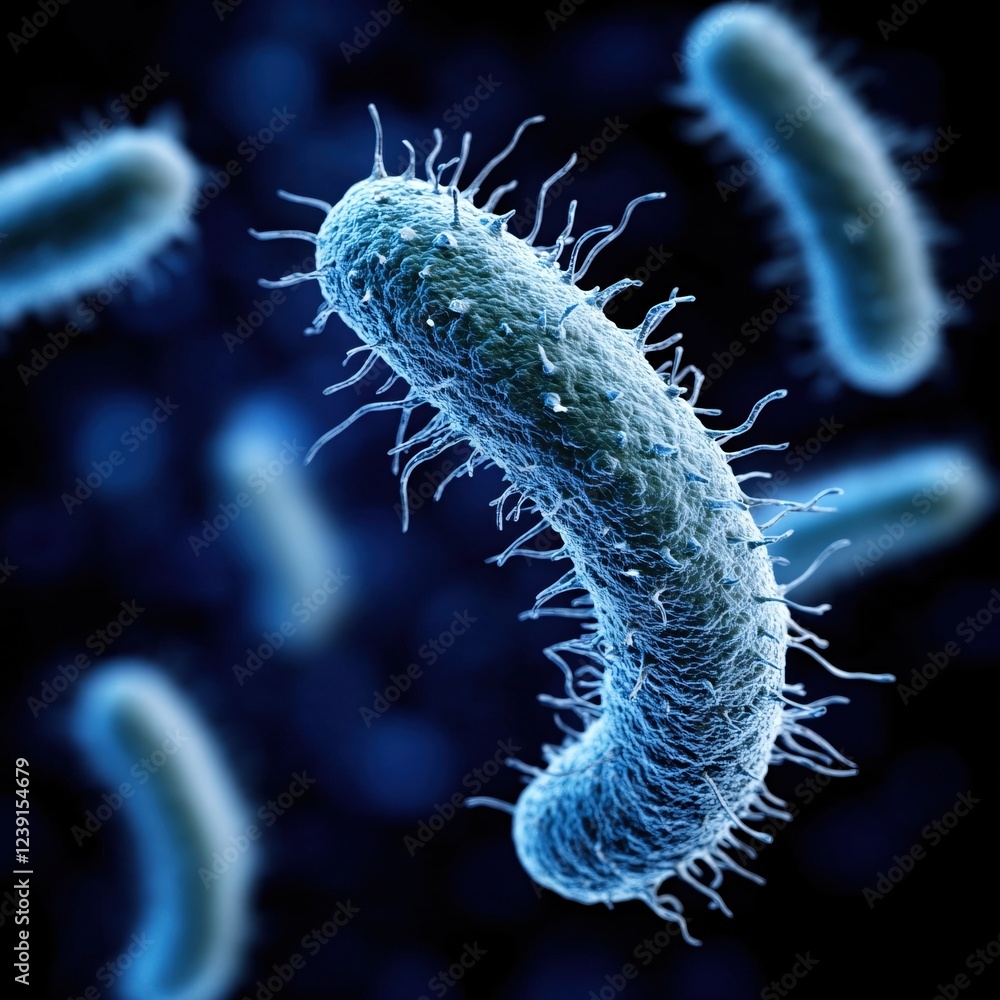 Aufkleber microscopic view of bacteria cells floating in dark blue fluid with tentacle like structures