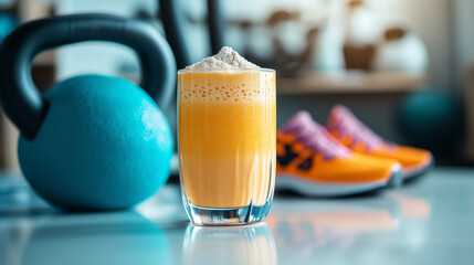 A glass of orange protein shake in a home gym setting representing health and fitness.

