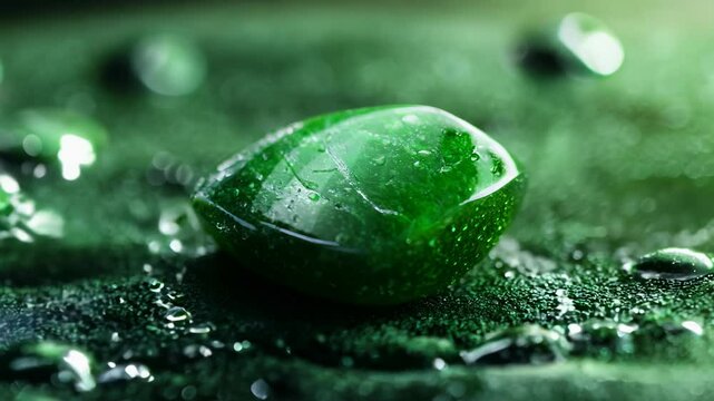 Close up view of a polished green jade gemstone resting on a dark green, wet surface. Water droplets are visible on the stone and its surroundings. Soft