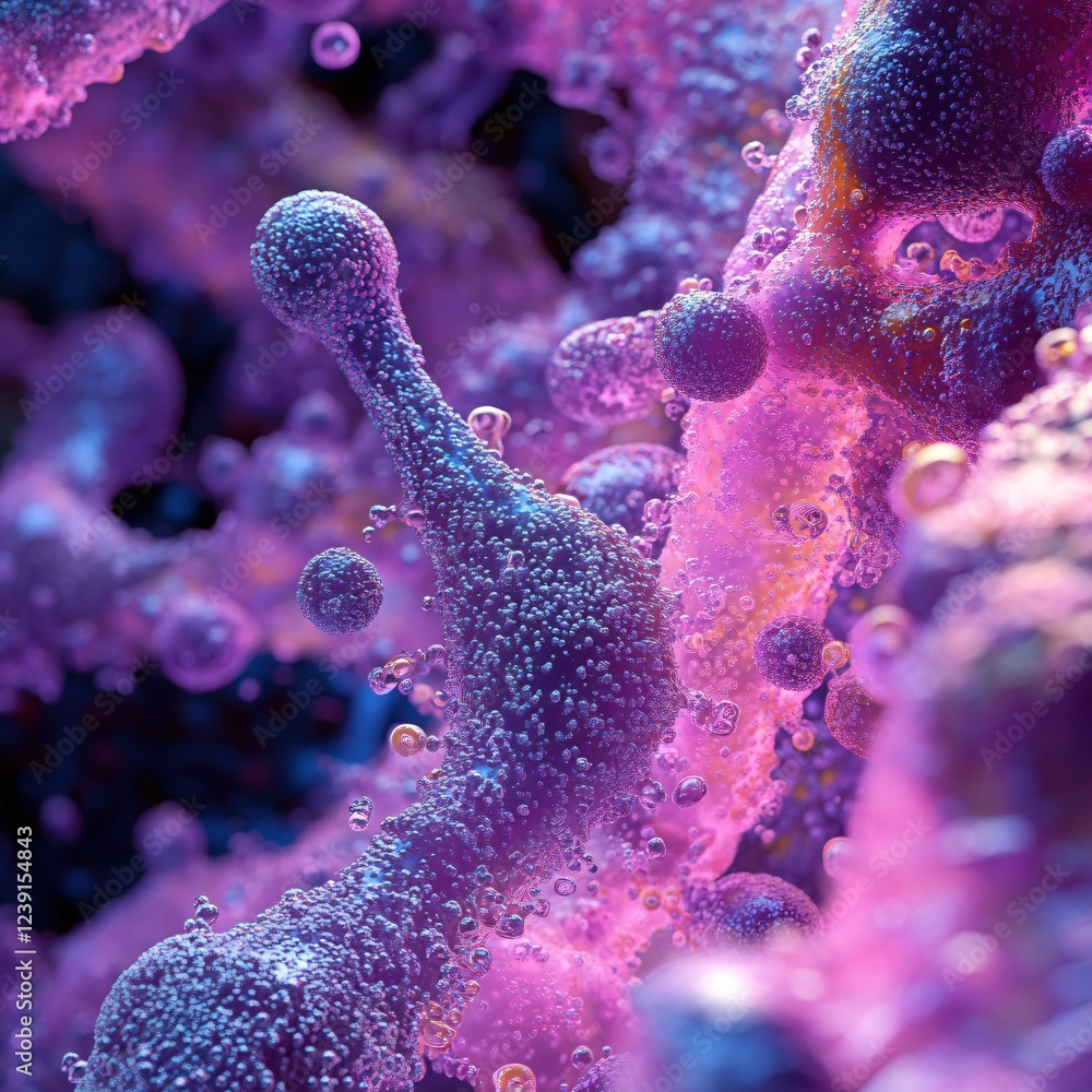 Poster abstract purple cellular structure with small bubbles and a dark background close up view