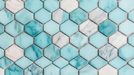 Fototapeta premium A vibrant hexagonal tile pattern in shades of turquoise and white, showcasing a modern and stylish design for interiors.