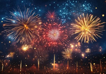 Vibrant Display of Colorful Fireworks Lighting Up the Night Sky in a Spectacular Celebration of Joy and Festivity with Sparkling Effects