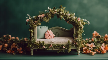 Newborn backdrop, photography background with baby bed and delicate flowers on green wall.