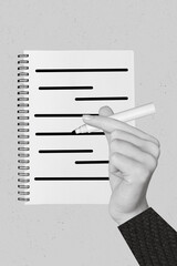 Artwork magazine collage picture of arm writing pen pencil felt tip pan isolated drawing background