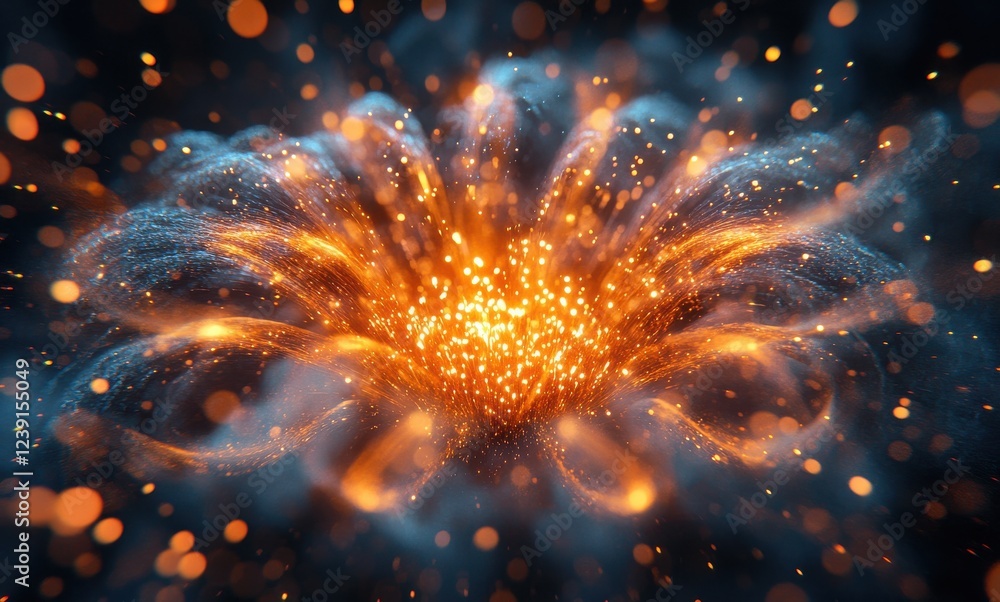 Poster vibrant explosion of bright particles in abstract space with glowing orbs and ethereal light effects