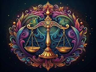 Panoramic Libra Zodiac Engraving: Intricate Ink Drawing for Astrology Lovers