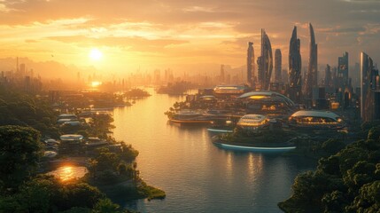 Fototapeta premium Futuristic cityscape at sunset with river and skyscrapers, scenic views, urban horizon