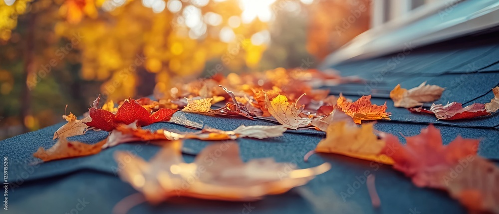 Poster autumn leaves on rooftop with warm sunlight creating a beautiful fall scene with bokeh effect
