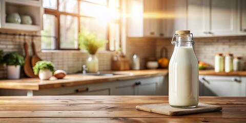 Panoramic Milk Bottle Mockup: Rustic Wooden Table, Sunlit Kitchen Background