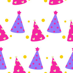 Colorful party hats and cheerful patterns on a white background for celebration decor